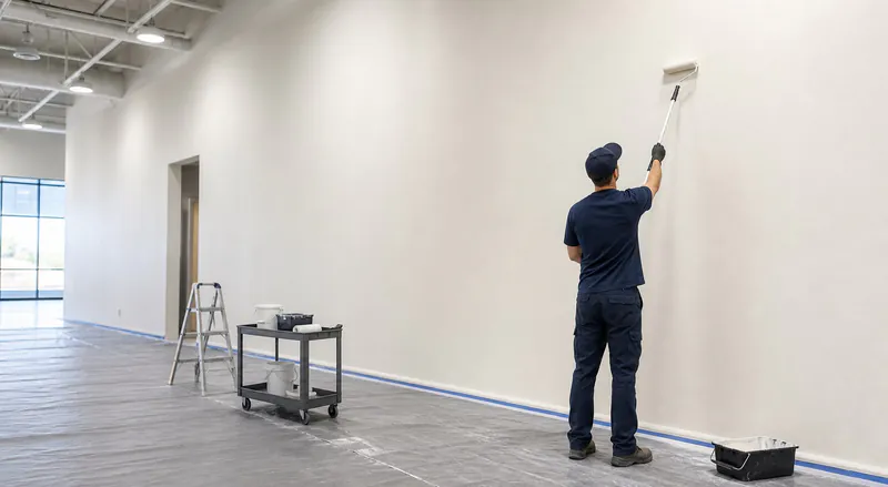 Illustrative painter working inside a protected commercial space.