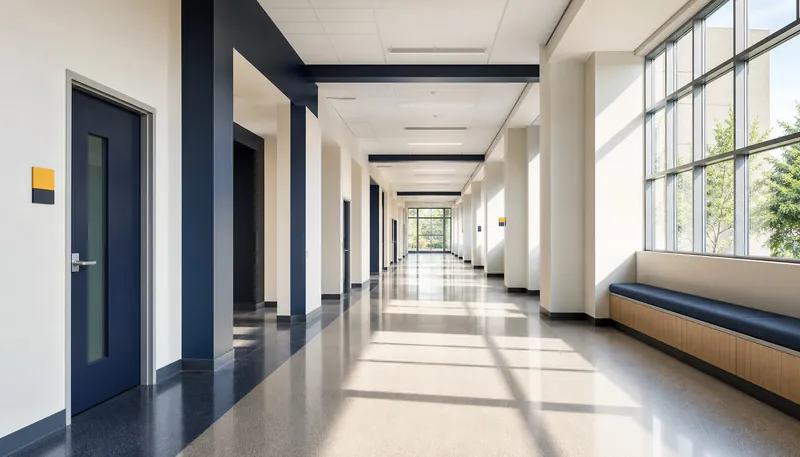 Illustrative institutional corridor with doors and natural daylight.