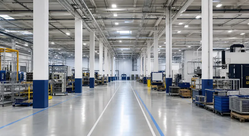 Illustrative industrial facility interior with equipment and marked aisles.