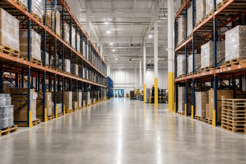 Illustrative warehouse aisle with pallet racks and a clear central path.